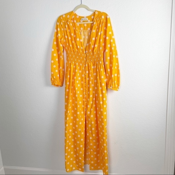 Nicholas Smocked Long Sleeve V-Neck Polka Dot Caftan Maxi Dress Silk Cotton - Picture 3 of 10